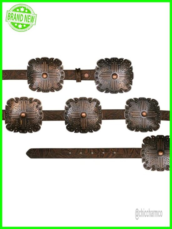 Floral Embossed Leather Western Belt with Square Conchos, Removable Buckle